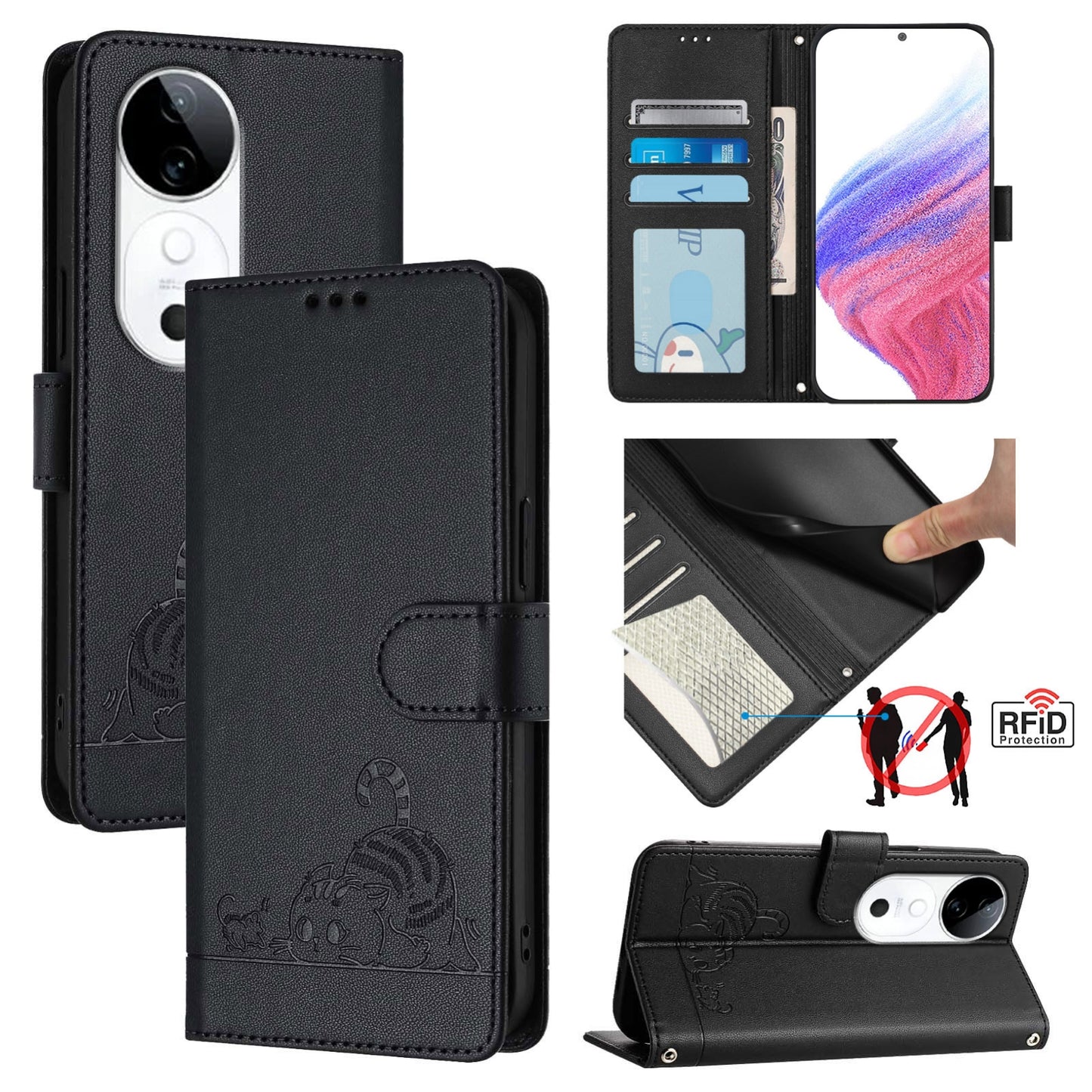 vivo S19 Cat & Rat Embossed RFID Leather Case, Lanyard, Wallet, Card Slots, Kickstand, Anti-Fall, Scratch-Resistant