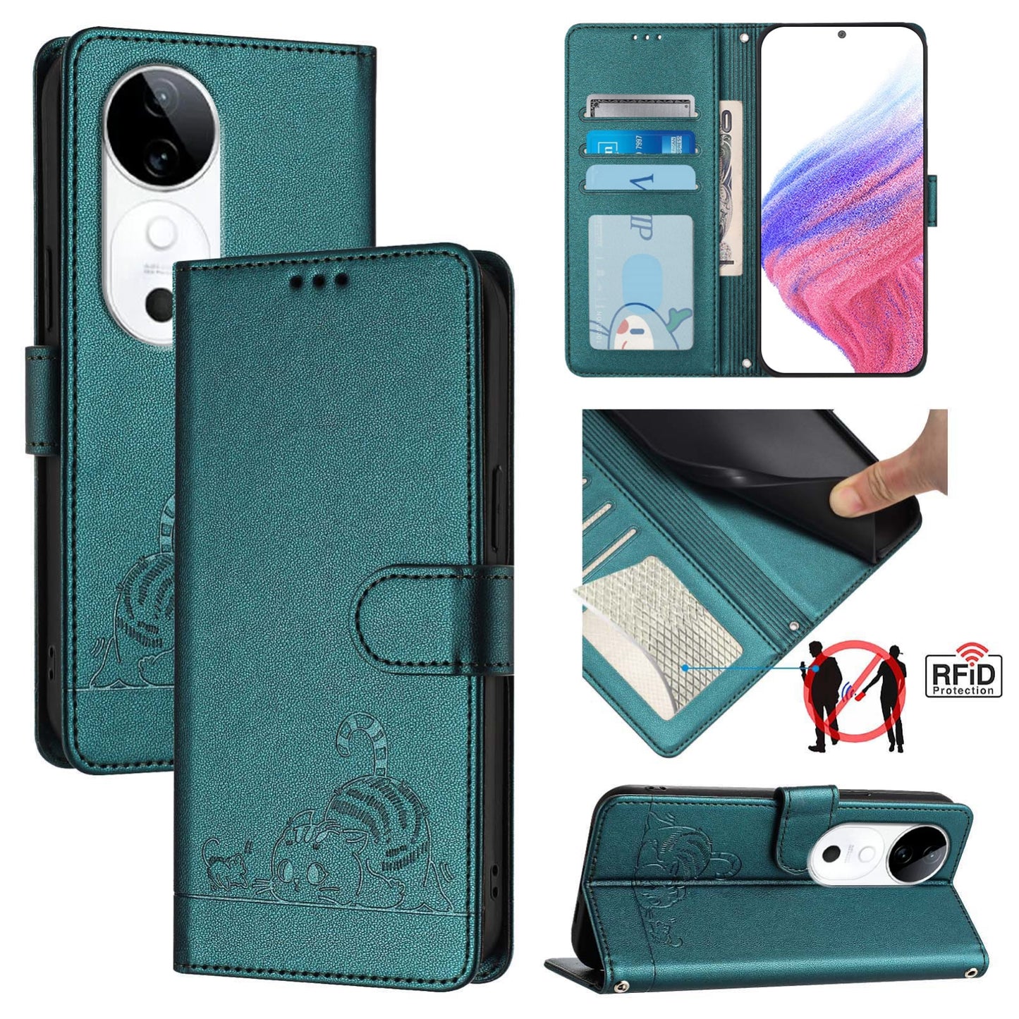 vivo S19 Cat & Rat Embossed RFID Leather Case, Lanyard, Wallet, Card Slots, Kickstand, Anti-Fall, Scratch-Resistant