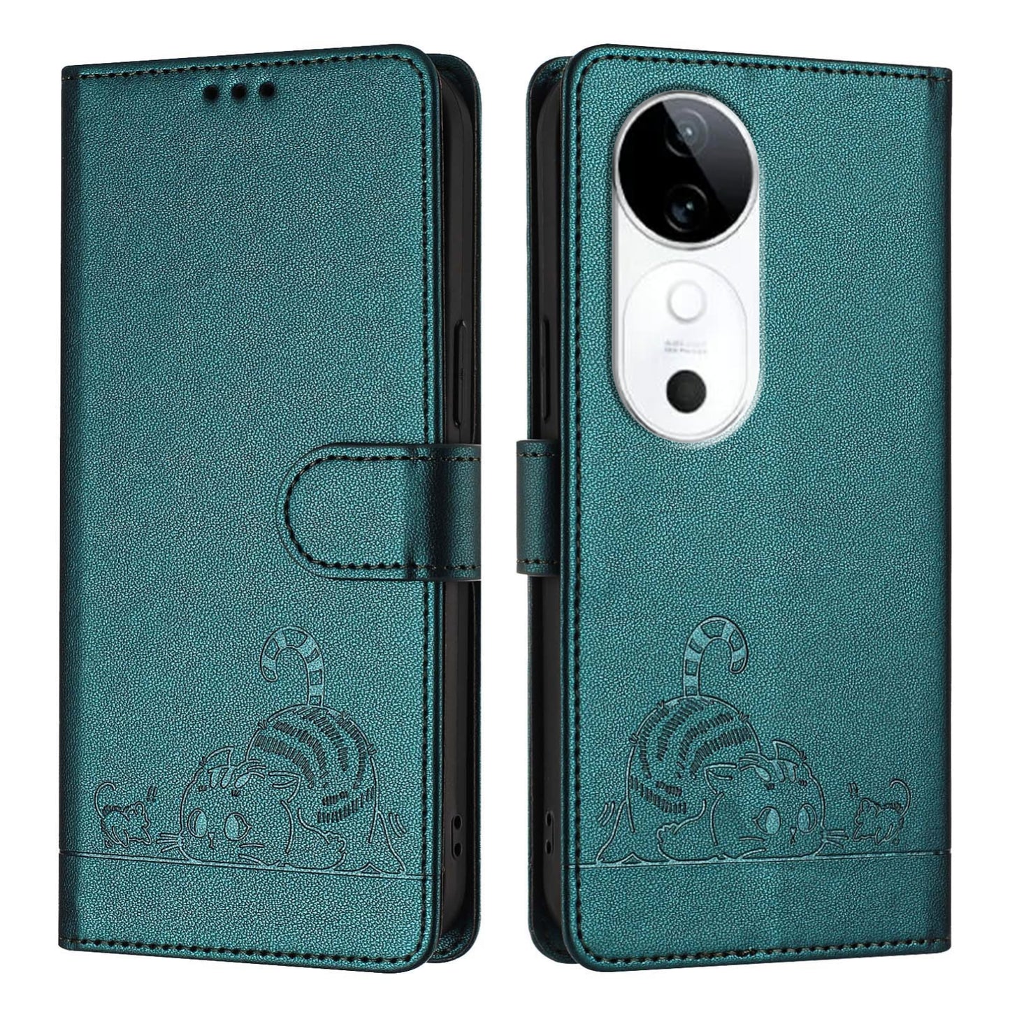 vivo S19 Cat & Rat Embossed RFID Leather Case, Lanyard, Wallet, Card Slots, Kickstand, Anti-Fall, Scratch-Resistant