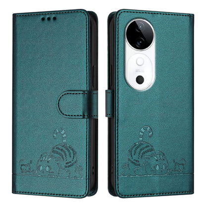 vivo S19 Cat & Rat Embossed RFID Leather Case, Lanyard, Wallet, Card Slots, Kickstand, Anti-Fall, Scratch-Resistant