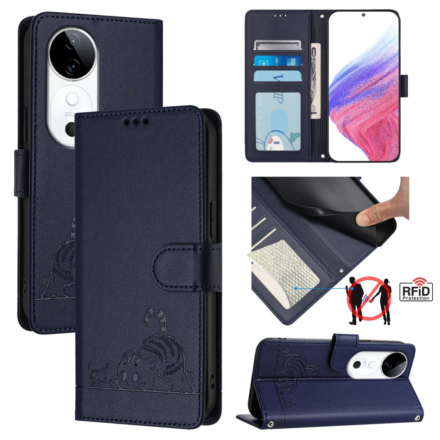 vivo S19 Cat & Rat Embossed RFID Leather Case, Lanyard, Wallet, Card Slots, Kickstand, Anti-Fall, Scratch-Resistant