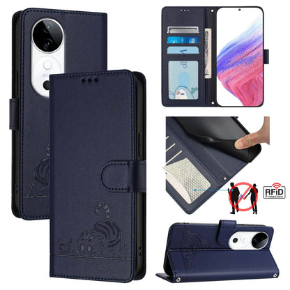 vivo S19 Cat & Rat Embossed RFID Leather Case, Lanyard, Wallet, Card Slots, Kickstand, Anti-Fall, Scratch-Resistant