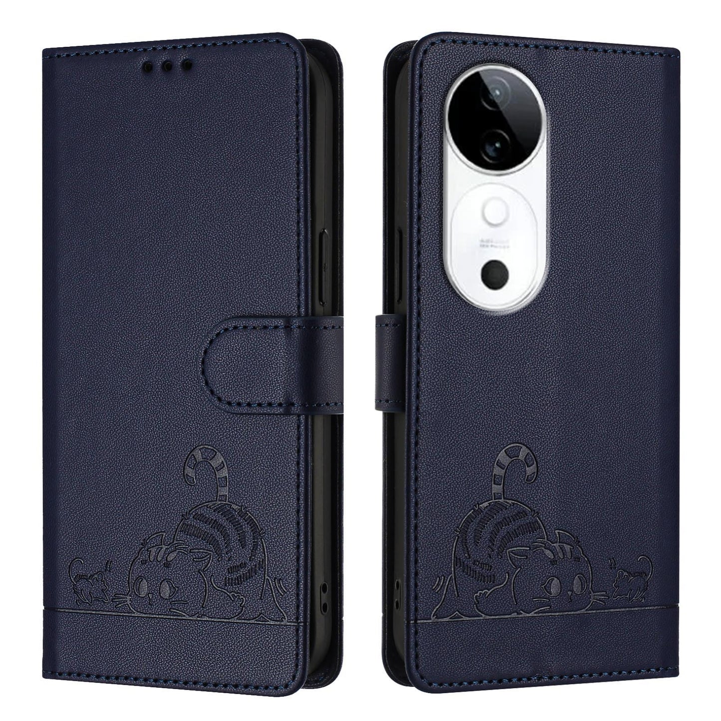 vivo S19 Cat & Rat Embossed RFID Leather Case, Lanyard, Wallet, Card Slots, Kickstand, Anti-Fall, Scratch-Resistant