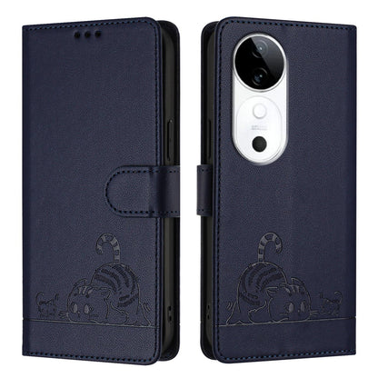 vivo S19 Cat & Rat Embossed RFID Leather Case, Lanyard, Wallet, Card Slots, Kickstand, Anti-Fall, Scratch-Resistant