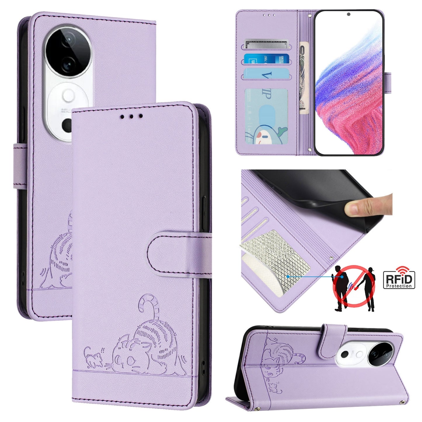 vivo S19 Cat & Rat Embossed RFID Leather Case, Lanyard, Wallet, Card Slots, Kickstand, Anti-Fall, Scratch-Resistant