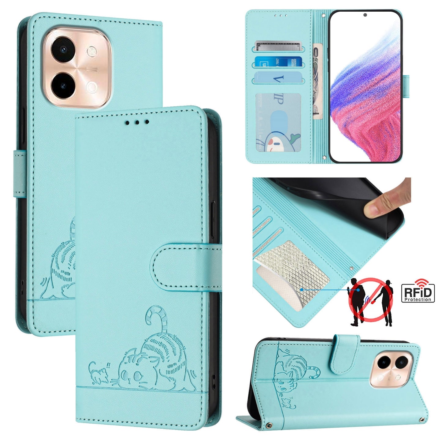 vivo Y28 4G Cat & Rat Embossed RFID Leather Case, Lanyard, Wallet, Card Slots, Kickstand, Anti-Fall, Scratch-Resistant