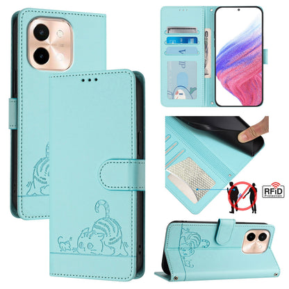 vivo Y28 4G Cat & Rat Embossed RFID Leather Case, Lanyard, Wallet, Card Slots, Kickstand, Anti-Fall, Scratch-Resistant