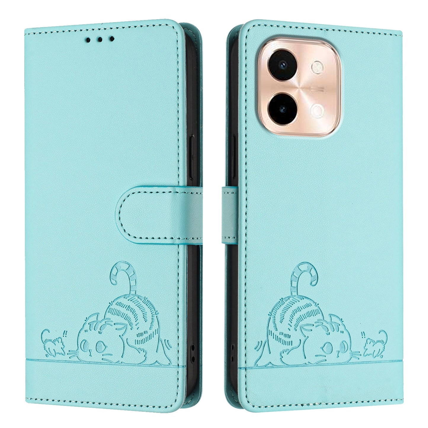 vivo Y28 4G Cat & Rat Embossed RFID Leather Case, Lanyard, Wallet, Card Slots, Kickstand, Anti-Fall, Scratch-Resistant