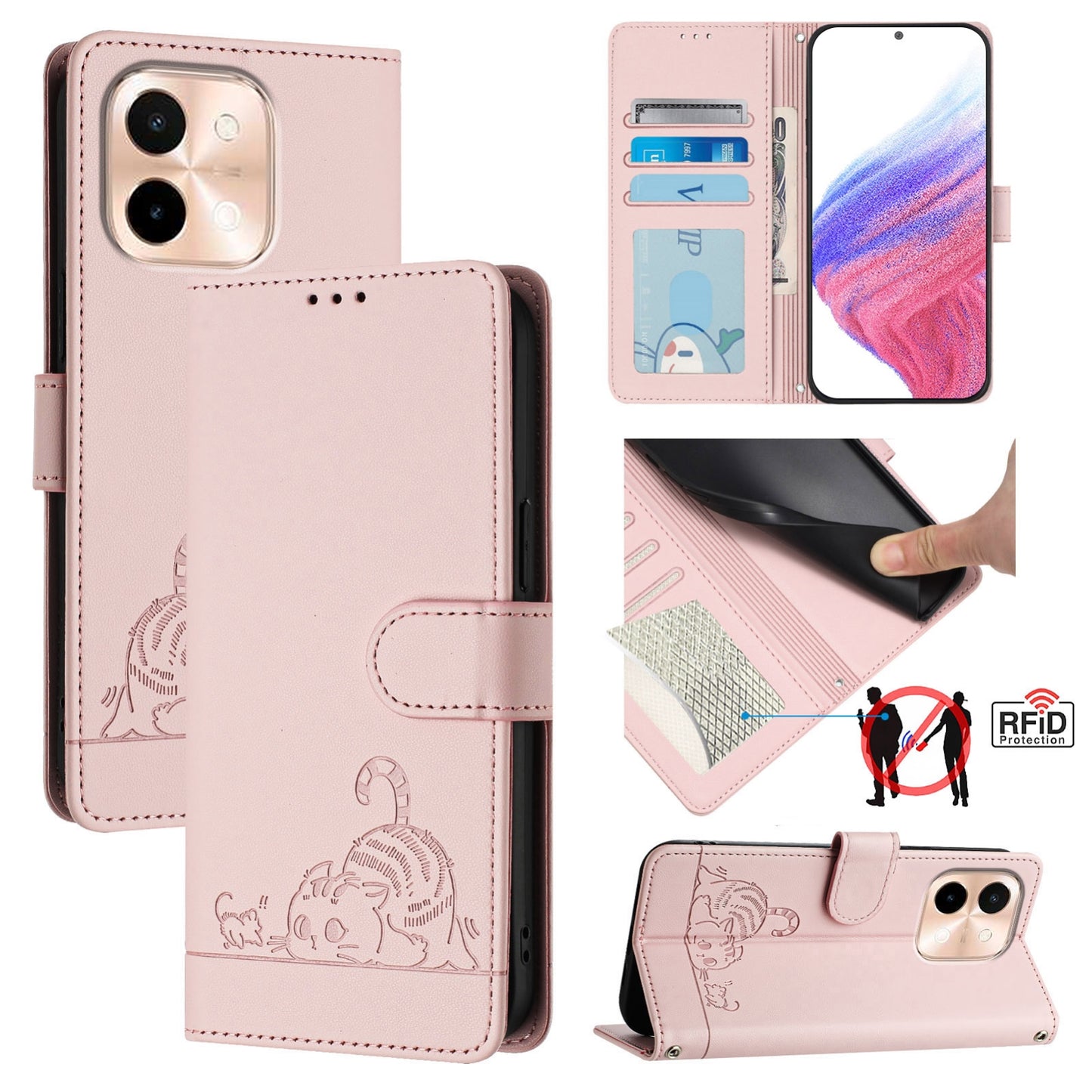 vivo Y28 4G Cat & Rat Embossed RFID Leather Case, Lanyard, Wallet, Card Slots, Kickstand, Anti-Fall, Scratch-Resistant