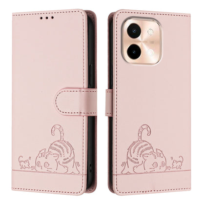 vivo Y28 4G Cat & Rat Embossed RFID Leather Case, Lanyard, Wallet, Card Slots, Kickstand, Anti-Fall, Scratch-Resistant