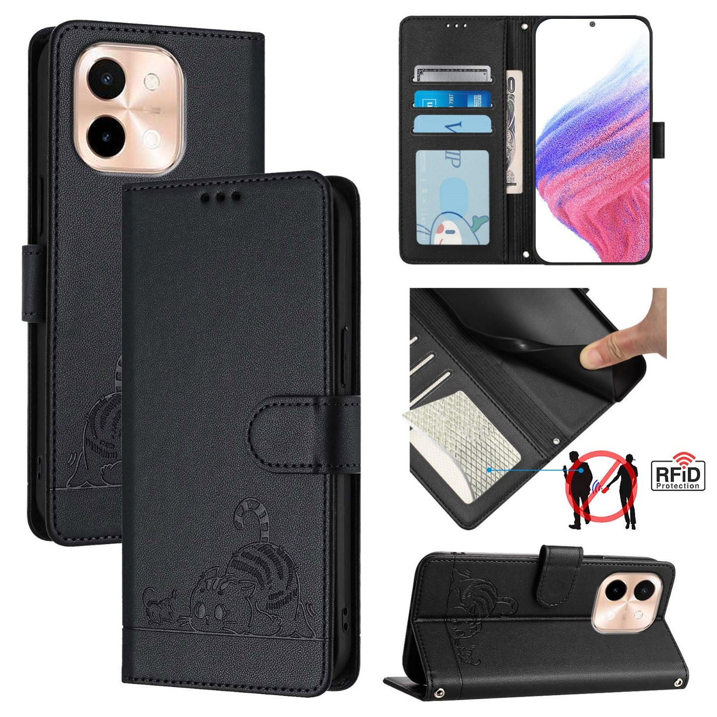 vivo Y28 4G Cat & Rat Embossed RFID Leather Case, Lanyard, Wallet, Card Slots, Kickstand, Anti-Fall, Scratch-Resistant