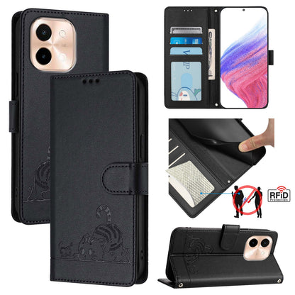vivo Y28 4G Cat & Rat Embossed RFID Leather Case, Lanyard, Wallet, Card Slots, Kickstand, Anti-Fall, Scratch-Resistant