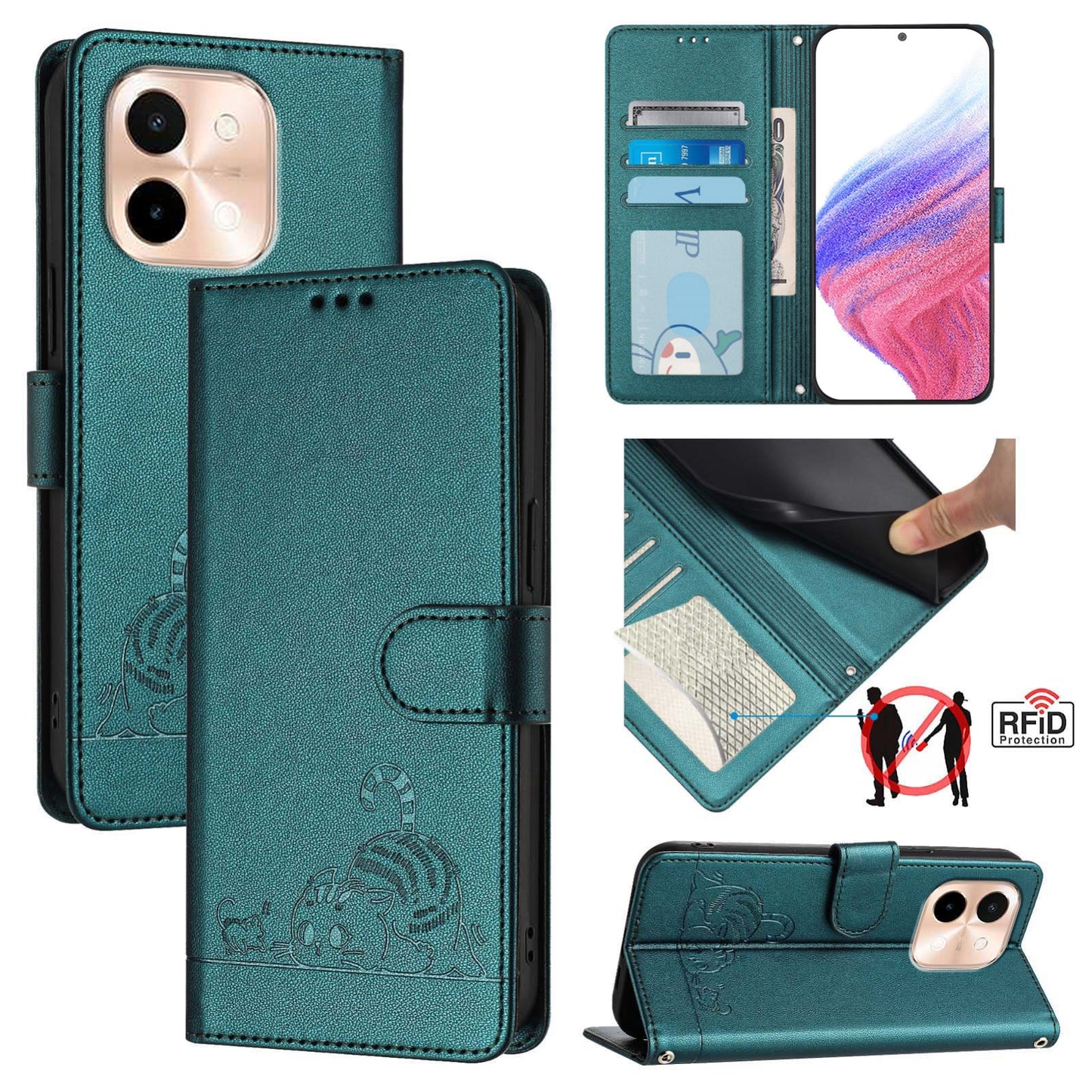vivo Y28 4G Cat & Rat Embossed RFID Leather Case, Lanyard, Wallet, Card Slots, Kickstand, Anti-Fall, Scratch-Resistant