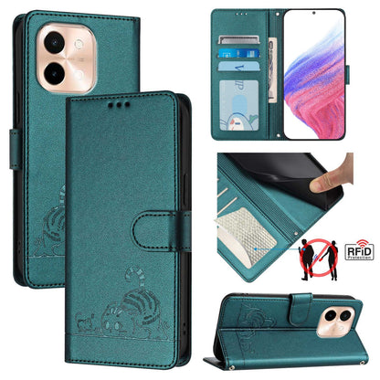 vivo Y28 4G Cat & Rat Embossed RFID Leather Case, Lanyard, Wallet, Card Slots, Kickstand, Anti-Fall, Scratch-Resistant