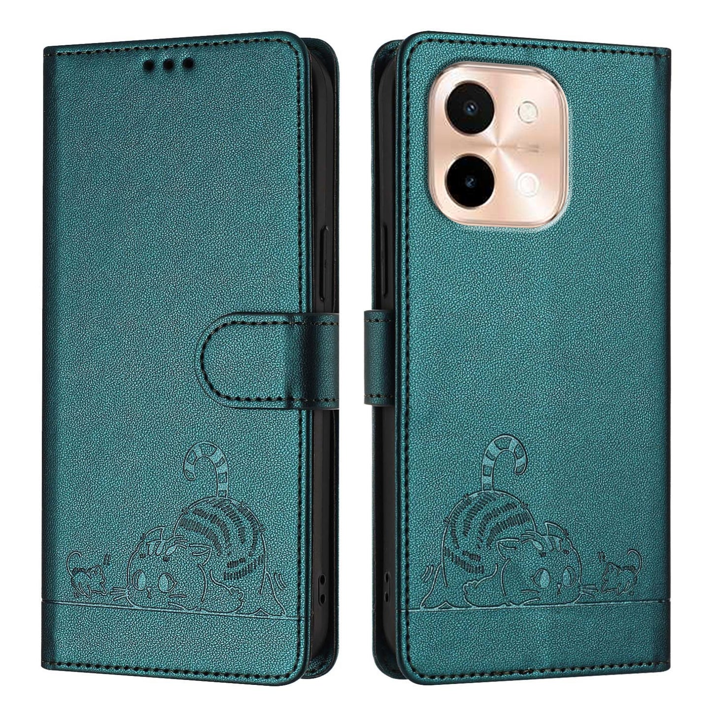 vivo Y28 4G Cat & Rat Embossed RFID Leather Case, Lanyard, Wallet, Card Slots, Kickstand, Anti-Fall, Scratch-Resistant