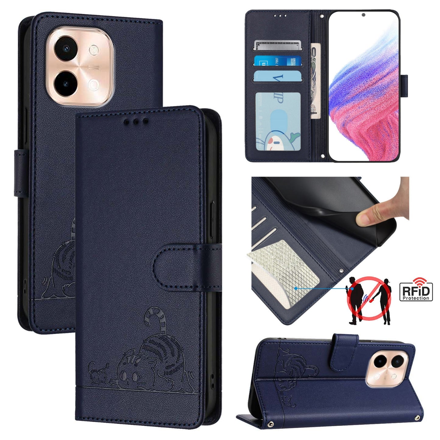 vivo Y28 4G Cat & Rat Embossed RFID Leather Case, Lanyard, Wallet, Card Slots, Kickstand, Anti-Fall, Scratch-Resistant