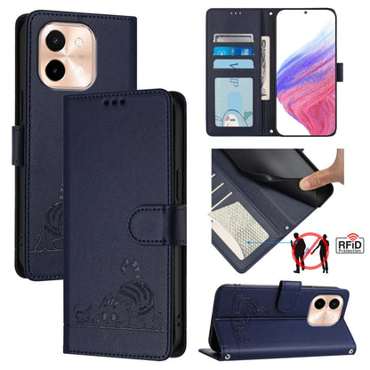 vivo Y28 4G Cat & Rat Embossed RFID Leather Case, Lanyard, Wallet, Card Slots, Kickstand, Anti-Fall, Scratch-Resistant