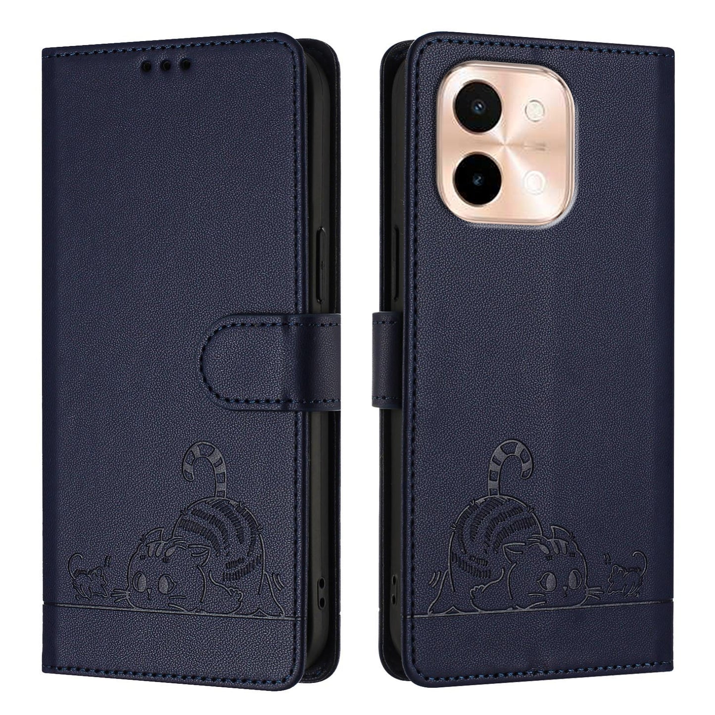 vivo Y28 4G Cat & Rat Embossed RFID Leather Case, Lanyard, Wallet, Card Slots, Kickstand, Anti-Fall, Scratch-Resistant