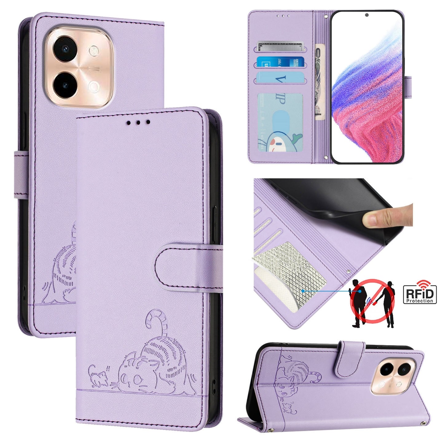 vivo Y28 4G Cat & Rat Embossed RFID Leather Case, Lanyard, Wallet, Card Slots, Kickstand, Anti-Fall, Scratch-Resistant