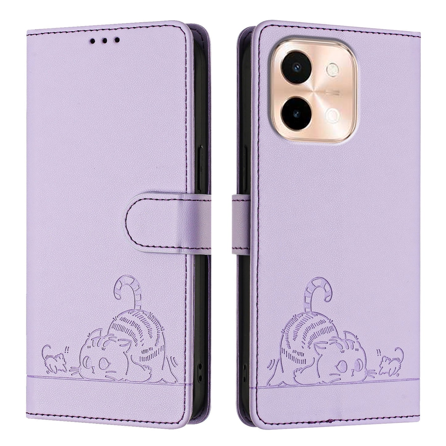vivo Y28 4G Cat & Rat Embossed RFID Leather Case, Lanyard, Wallet, Card Slots, Kickstand, Anti-Fall, Scratch-Resistant