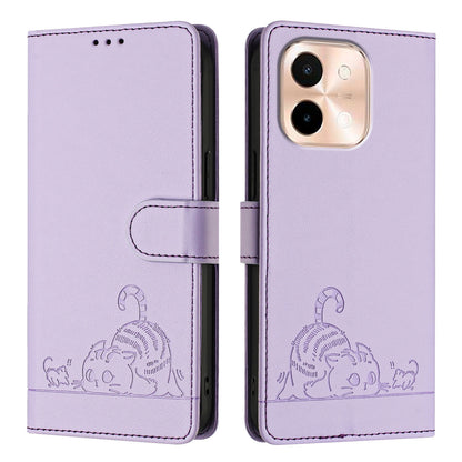vivo Y28 4G Cat & Rat Embossed RFID Leather Case, Lanyard, Wallet, Card Slots, Kickstand, Anti-Fall, Scratch-Resistant