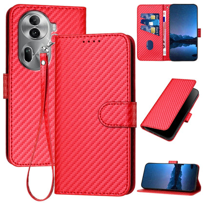 OPPO Reno11 Pro Carbon Fiber Buckle Leather Phone Case with Lanyard, PU Leather TPU Wallet Cover with Card Slot, Cash Compartment, Stand Function & Scratch Protection