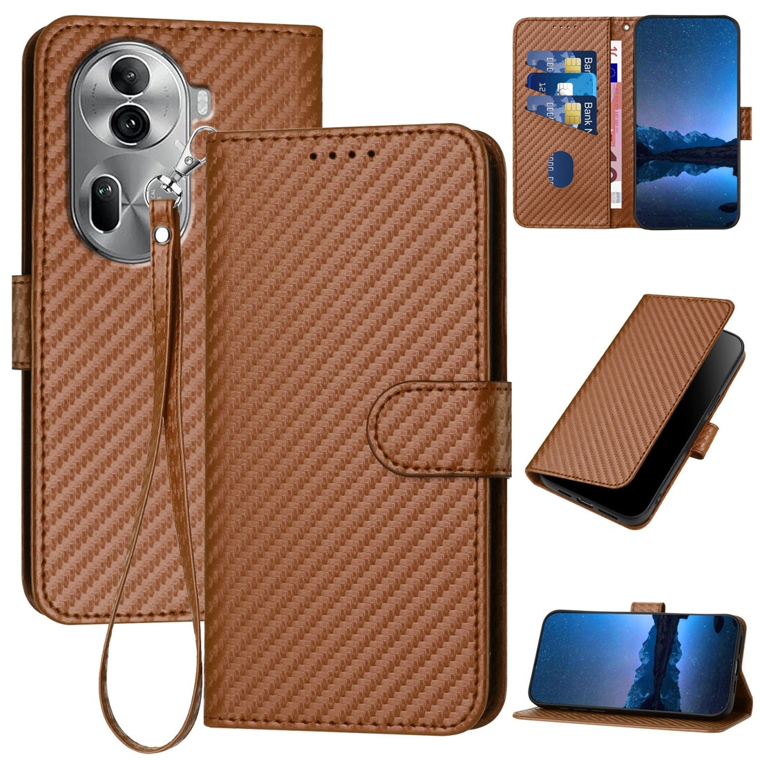 OPPO Reno11 Pro Carbon Fiber Buckle Leather Phone Case with Lanyard, PU Leather TPU Wallet Cover with Card Slot, Cash Compartment, Stand Function & Scratch Protection