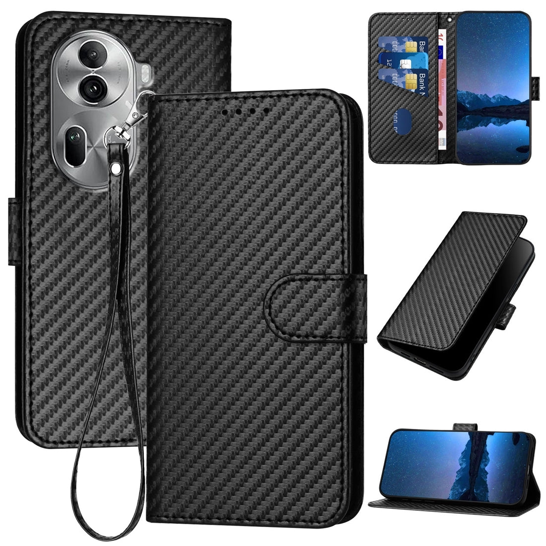 OPPO Reno11 Pro Carbon Fiber Buckle Leather Phone Case with Lanyard, PU Leather TPU Wallet Cover with Card Slot, Cash Compartment, Stand Function & Scratch Protection
