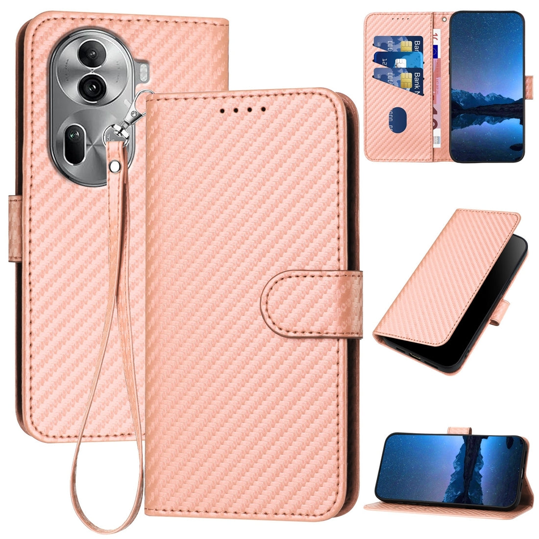 OPPO Reno11 Pro Carbon Fiber Buckle Leather Phone Case with Lanyard, PU Leather TPU Wallet Cover with Card Slot, Cash Compartment, Stand Function & Scratch Protection