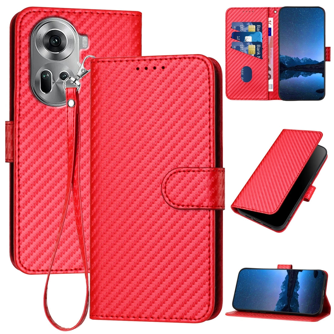OPPO Reno11 Carbon Fiber Buckle Leather Phone Case with Lanyard, PU Leather TPU Wallet Cover with Card Slot, Cash Compartment, Stand Function & Scratch Protection