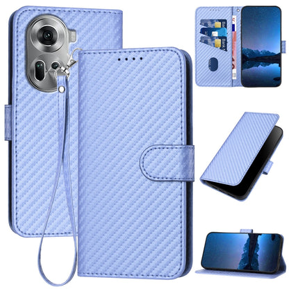 OPPO Reno11 Carbon Fiber Buckle Leather Phone Case with Lanyard, PU Leather TPU Wallet Cover with Card Slot, Cash Compartment, Stand Function & Scratch Protection
