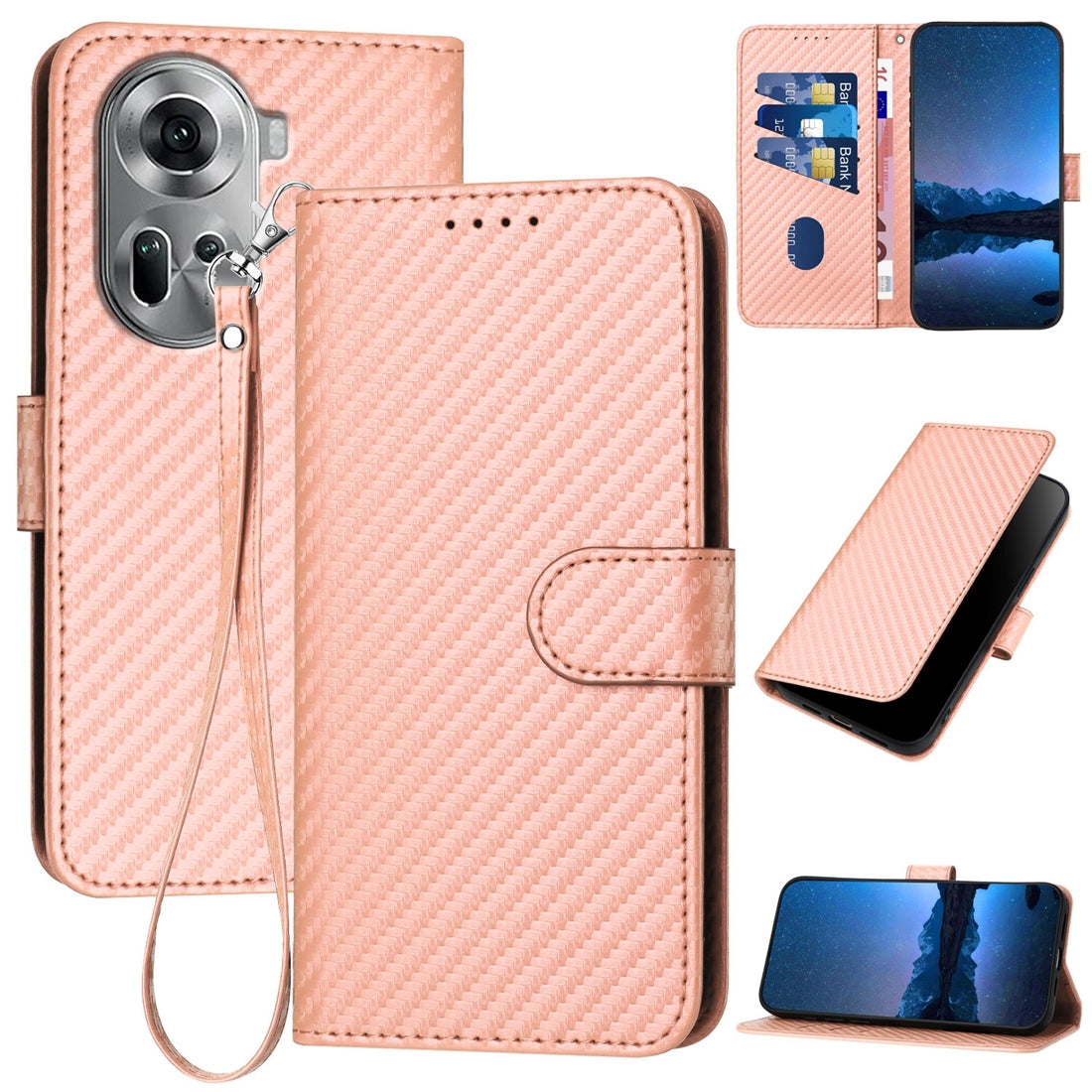 OPPO Reno11 Carbon Fiber Buckle Leather Phone Case with Lanyard, PU Leather TPU Wallet Cover with Card Slot, Cash Compartment, Stand Function & Scratch Protection
