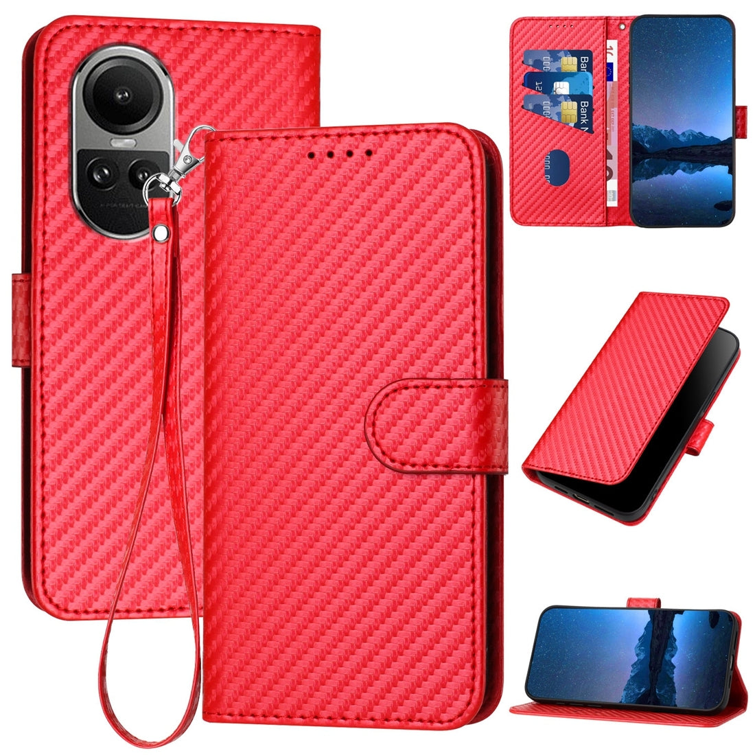 OPPO Reno10 Pro 5G Carbon Fiber Buckle Leather Phone Case with Lanyard, PU Leather TPU Wallet Cover with Card Slot, Cash Compartment, Stand Function & Scratch Protection