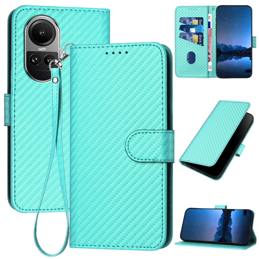 OPPO Reno10 Pro 5G Carbon Fiber Buckle Leather Phone Case with Lanyard, PU Leather TPU Wallet Cover with Card Slot, Cash Compartment, Stand Function & Scratch Protection