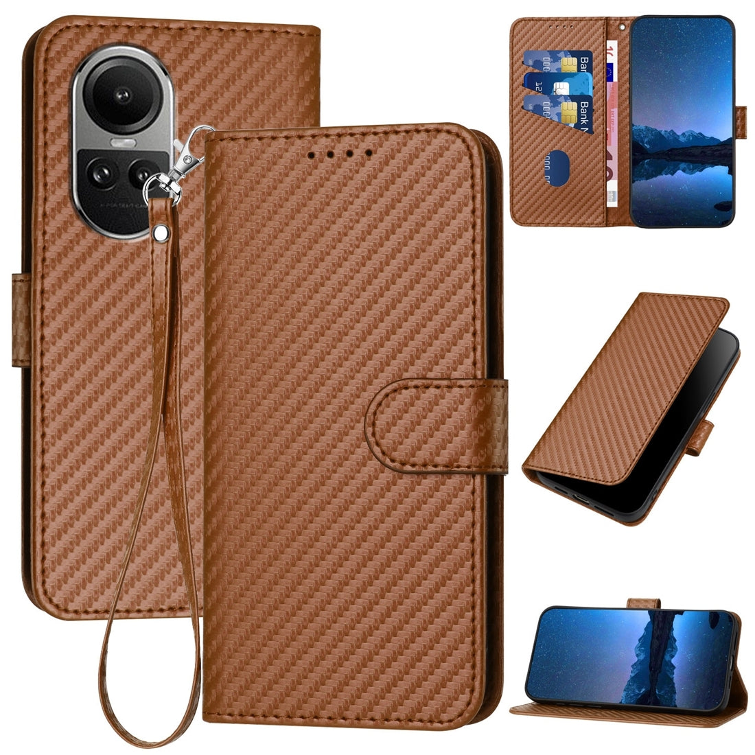 OPPO Reno10 Pro 5G Carbon Fiber Buckle Leather Phone Case with Lanyard, PU Leather TPU Wallet Cover with Card Slot, Cash Compartment, Stand Function & Scratch Protection