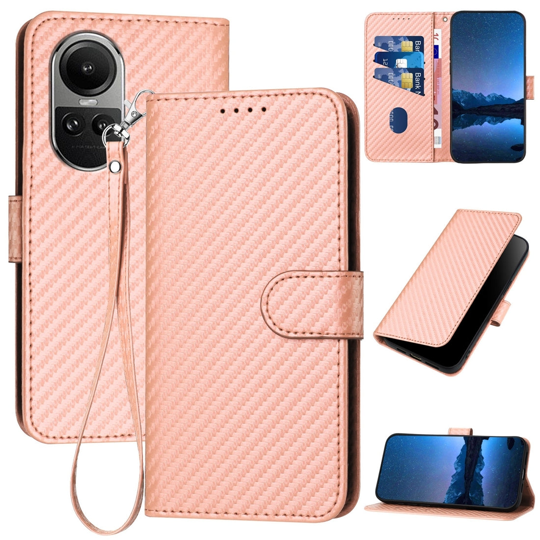 OPPO Reno10 Pro 5G Carbon Fiber Buckle Leather Phone Case with Lanyard, PU Leather TPU Wallet Cover with Card Slot, Cash Compartment, Stand Function & Scratch Protection