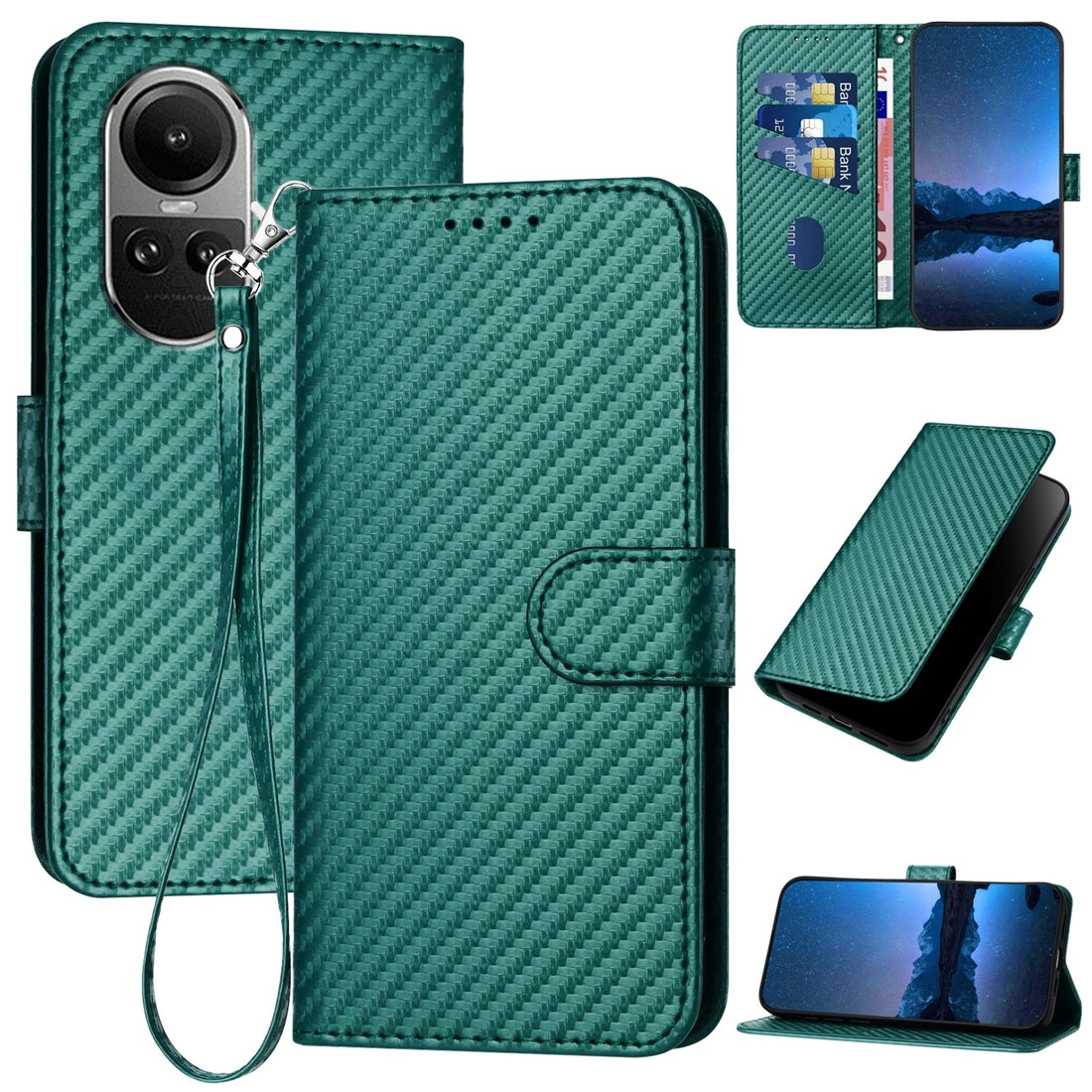 OPPO Reno10 5G Carbon Fiber Buckle Leather Phone Case with Lanyard, PU Leather TPU Wallet Cover with Card Slot, Cash Compartment, Stand Function & Scratch Protection