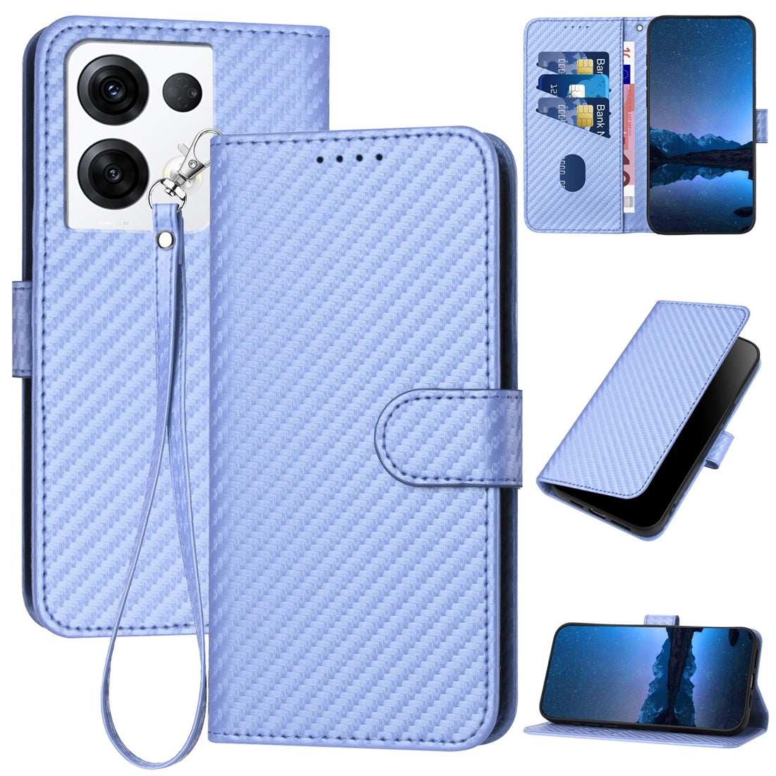 OPPO Reno8 Pro Carbon Fiber Buckle Leather Phone Case with Lanyard, PU Leather TPU Wallet Cover with Card Slot, Cash Compartment, Stand Function & Scratch Protection