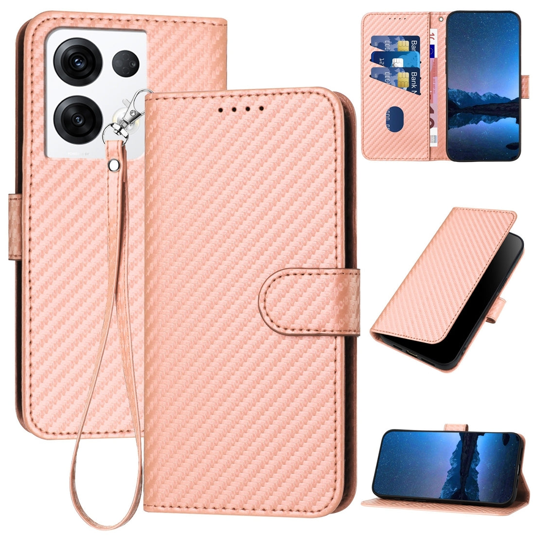 OPPO Reno8 Pro Carbon Fiber Buckle Leather Phone Case with Lanyard, PU Leather TPU Wallet Cover with Card Slot, Cash Compartment, Stand Function & Scratch Protection