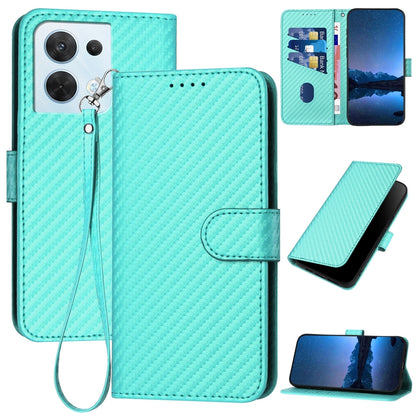 OPPO Reno8 5G Carbon Fiber Buckle Leather Phone Case with Lanyard, PU Leather TPU Wallet Cover with Card Slot, Cash Compartment, Stand Function & Scratch Protection