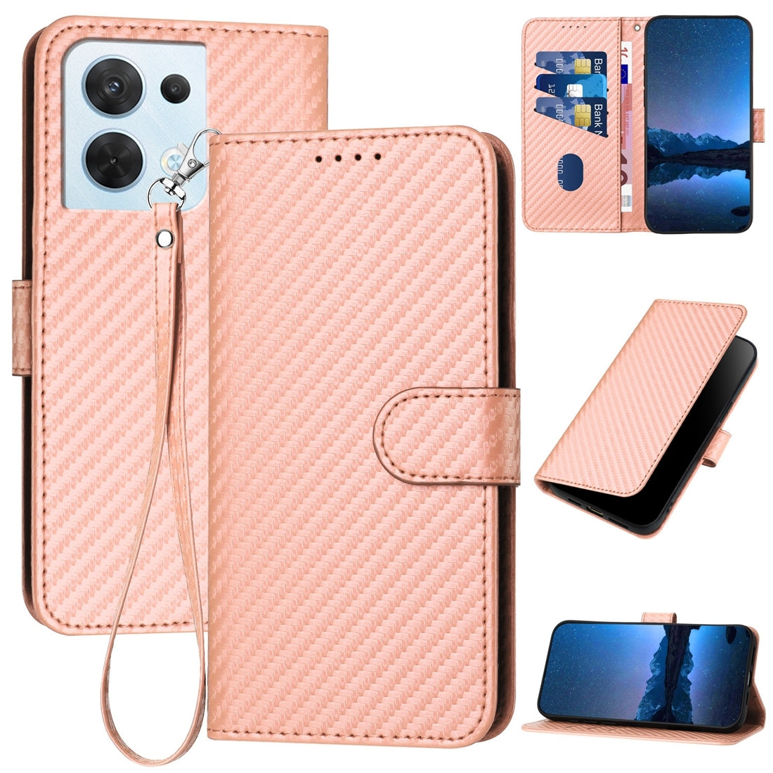 OPPO Reno8 5G Carbon Fiber Buckle Leather Phone Case with Lanyard, PU Leather TPU Wallet Cover with Card Slot, Cash Compartment, Stand Function & Scratch Protection