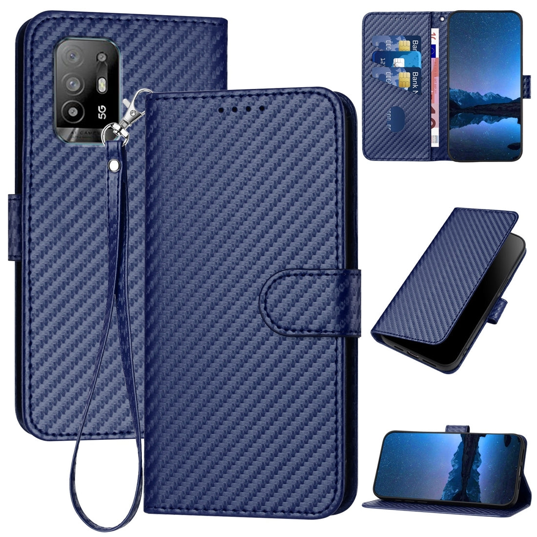 OPPO A94 5G Carbon Fiber Buckle Leather Phone Case with Lanyard, PU Leather TPU Wallet Cover with Card Slot, Cash Compartment, Stand Function & Scratch Protection