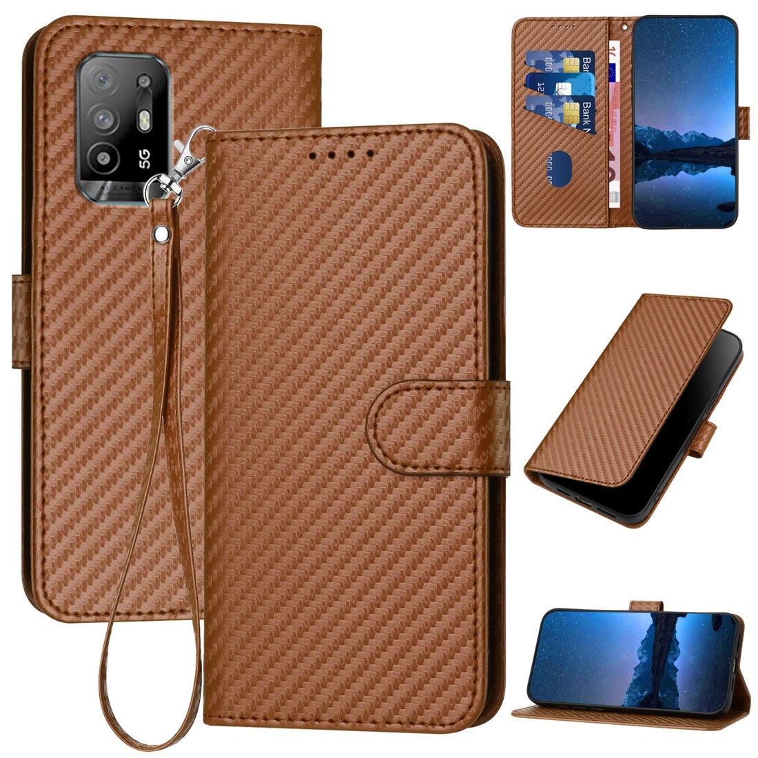 OPPO F19 Pro+ Carbon Fiber Buckle Leather Phone Case with Lanyard, PU Leather TPU Wallet Cover with Card Slot, Cash Compartment, Stand Function & Scratch Protection