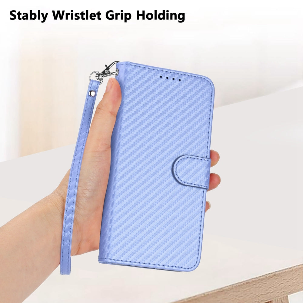 OPPO A94 5G Carbon Fiber Buckle Leather Phone Case with Lanyard, PU Leather TPU Wallet Cover with Card Slot, Cash Compartment, Stand Function & Scratch Protection