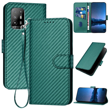 OPPO A94 5G Carbon Fiber Buckle Leather Phone Case with Lanyard, PU Leather TPU Wallet Cover with Card Slot, Cash Compartment, Stand Function & Scratch Protection