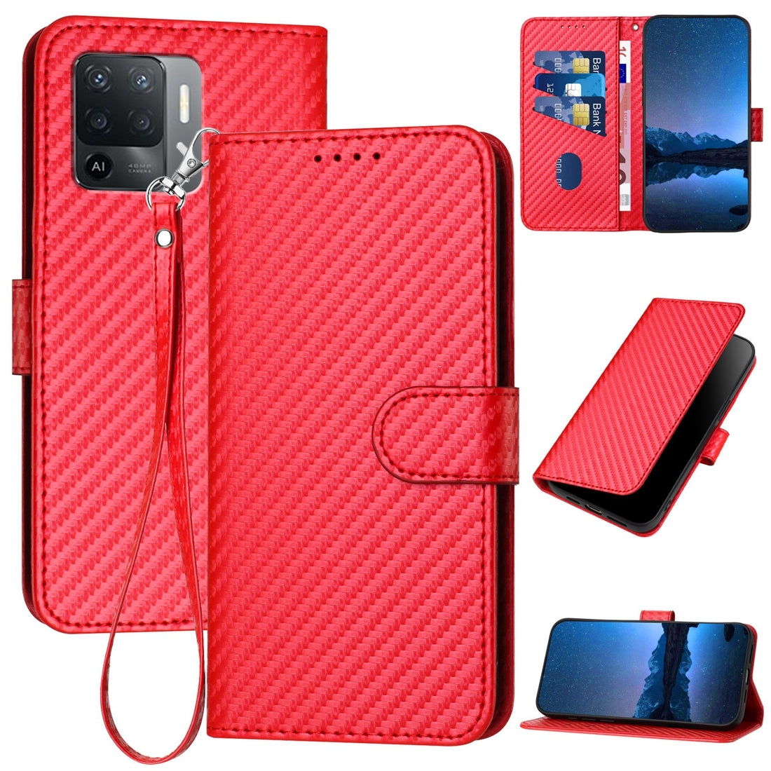 OPPO A94 4G Carbon Fiber Buckle Leather Phone Case with Lanyard, PU Leather TPU Wallet Cover with Card Slot, Cash Compartment, Stand Function & Scratch Protection