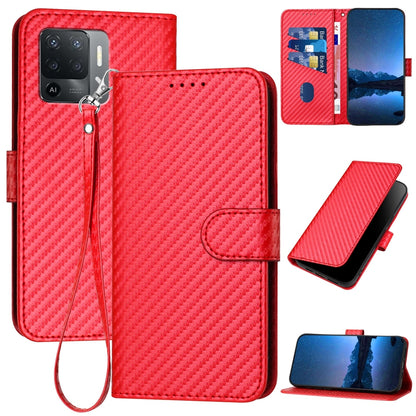 OPPO A94 4G Carbon Fiber Buckle Leather Phone Case with Lanyard, PU Leather TPU Wallet Cover with Card Slot, Cash Compartment, Stand Function & Scratch Protection