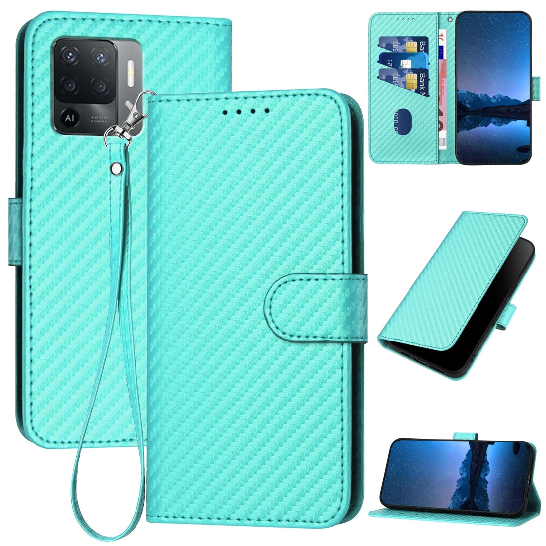 OPPO A94 4G Carbon Fiber Buckle Leather Phone Case with Lanyard, PU Leather TPU Wallet Cover with Card Slot, Cash Compartment, Stand Function & Scratch Protection