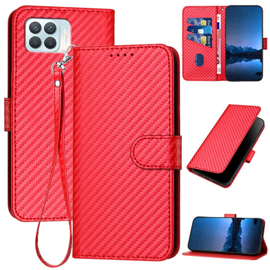 OPPO F17 Pro Carbon Fiber Buckle Leather Phone Case with Lanyard, PU Leather TPU Wallet Cover with Card Slot, Cash Compartment, Stand Function & Scratch Protection