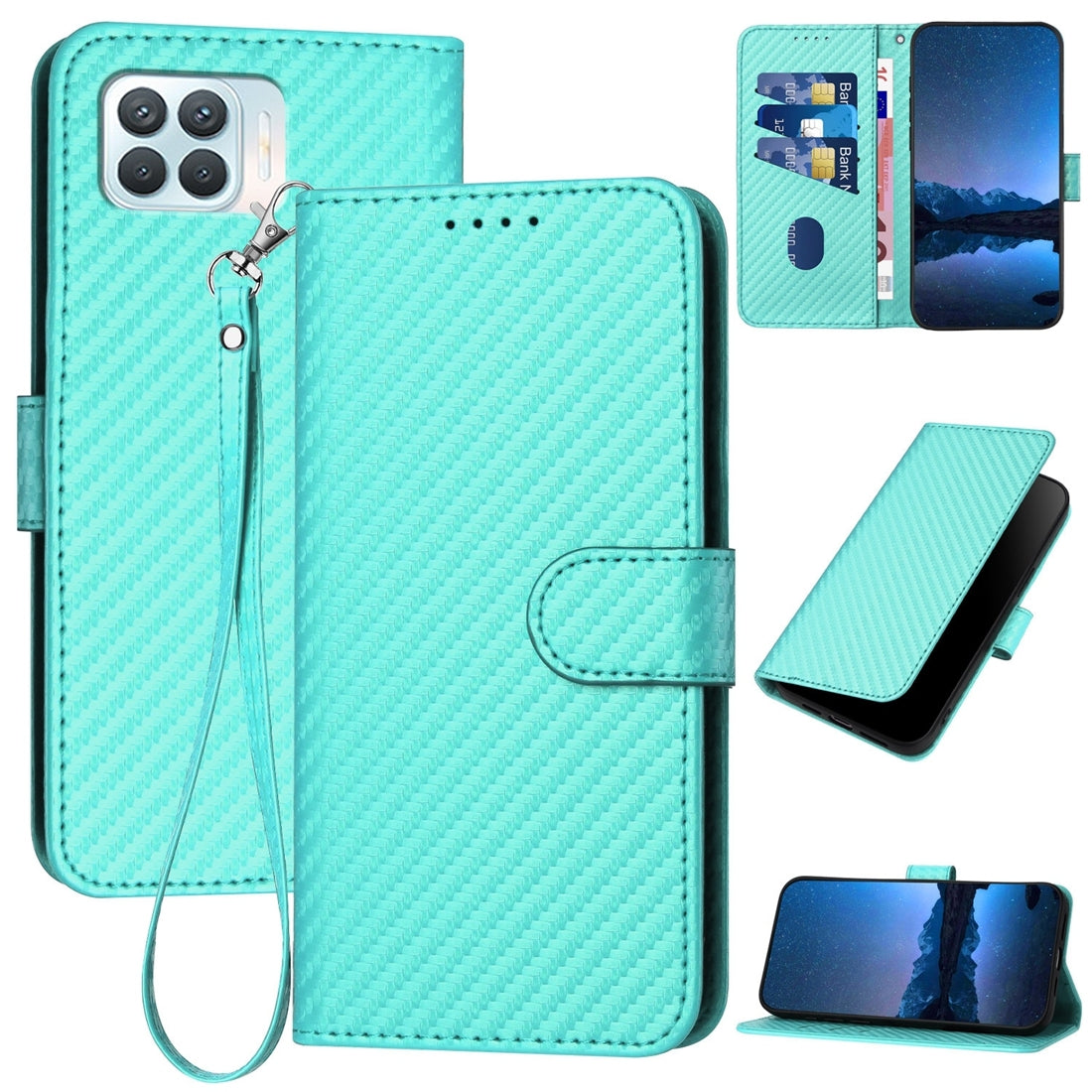 OPPO F17 Pro Carbon Fiber Buckle Leather Phone Case with Lanyard, PU Leather TPU Wallet Cover with Card Slot, Cash Compartment, Stand Function & Scratch Protection